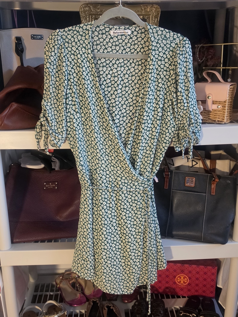 Reformation Green Mini Ditsy Floral Wrap Dress